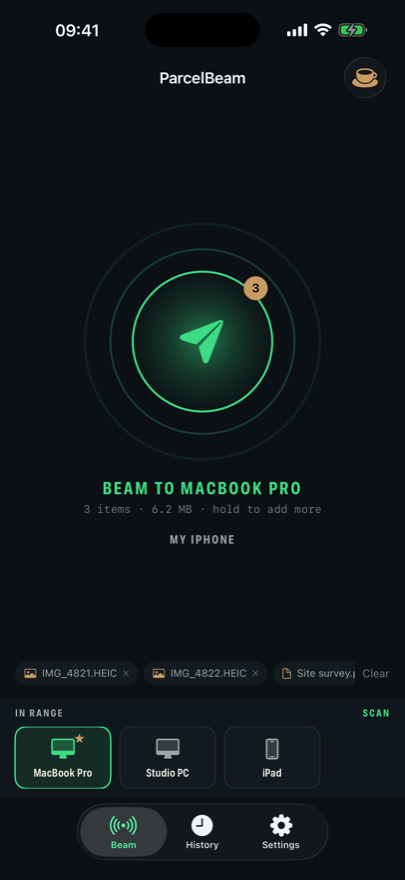 Tap the beam to pack, tap again to send