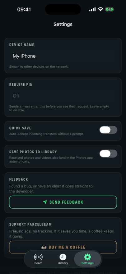 PIN, quick save and feedback settings